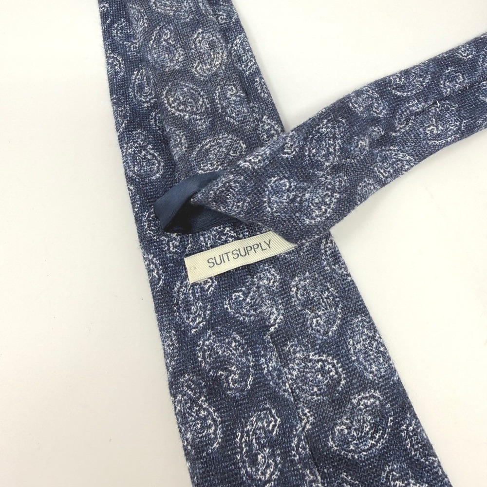 SuitSupply Mens Blue White Paisley 100%‎ Linen Necktie Made in Italy Slim Tie